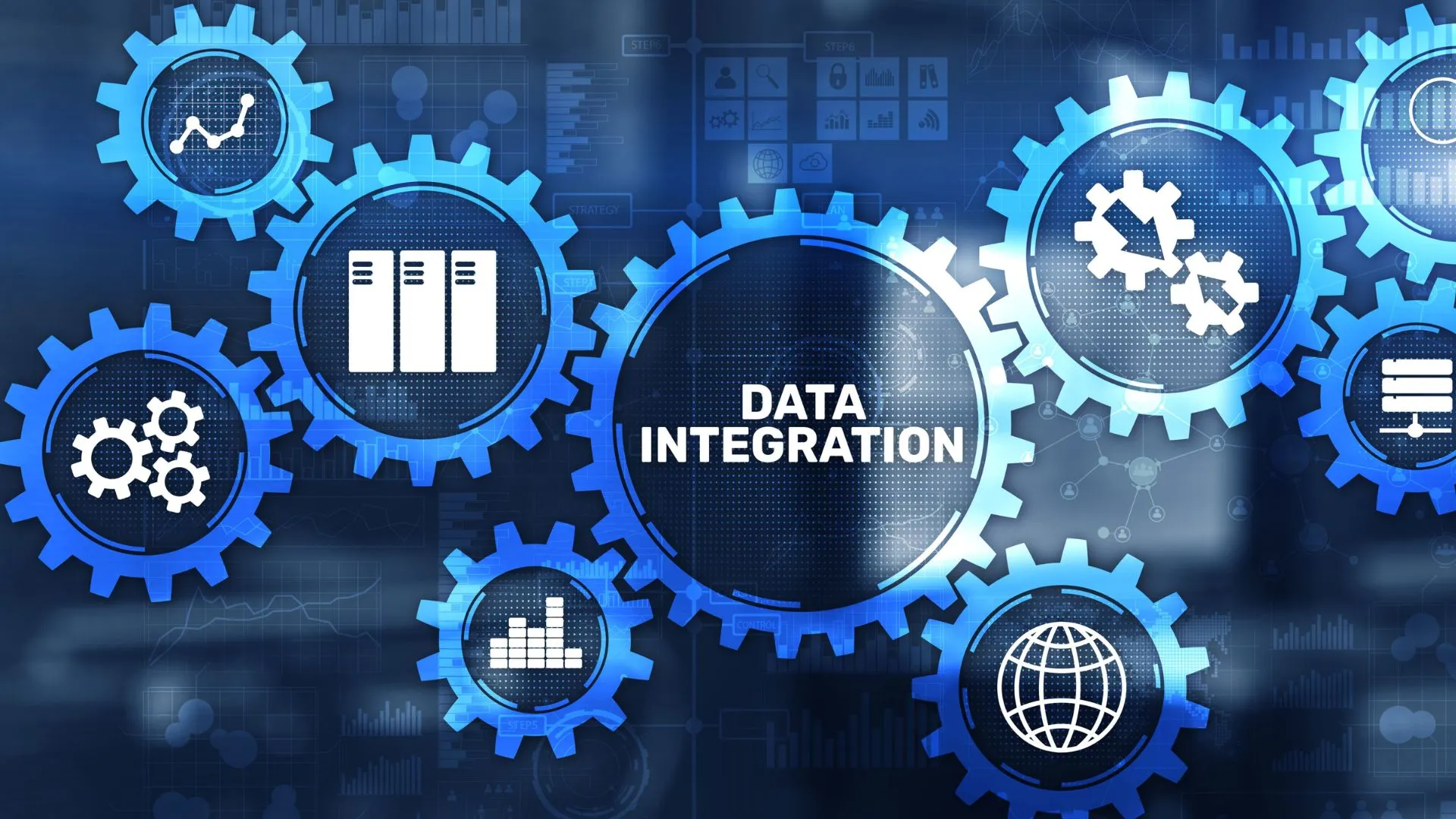 Interlocking gears and icons around the words Data Integration on a blue background